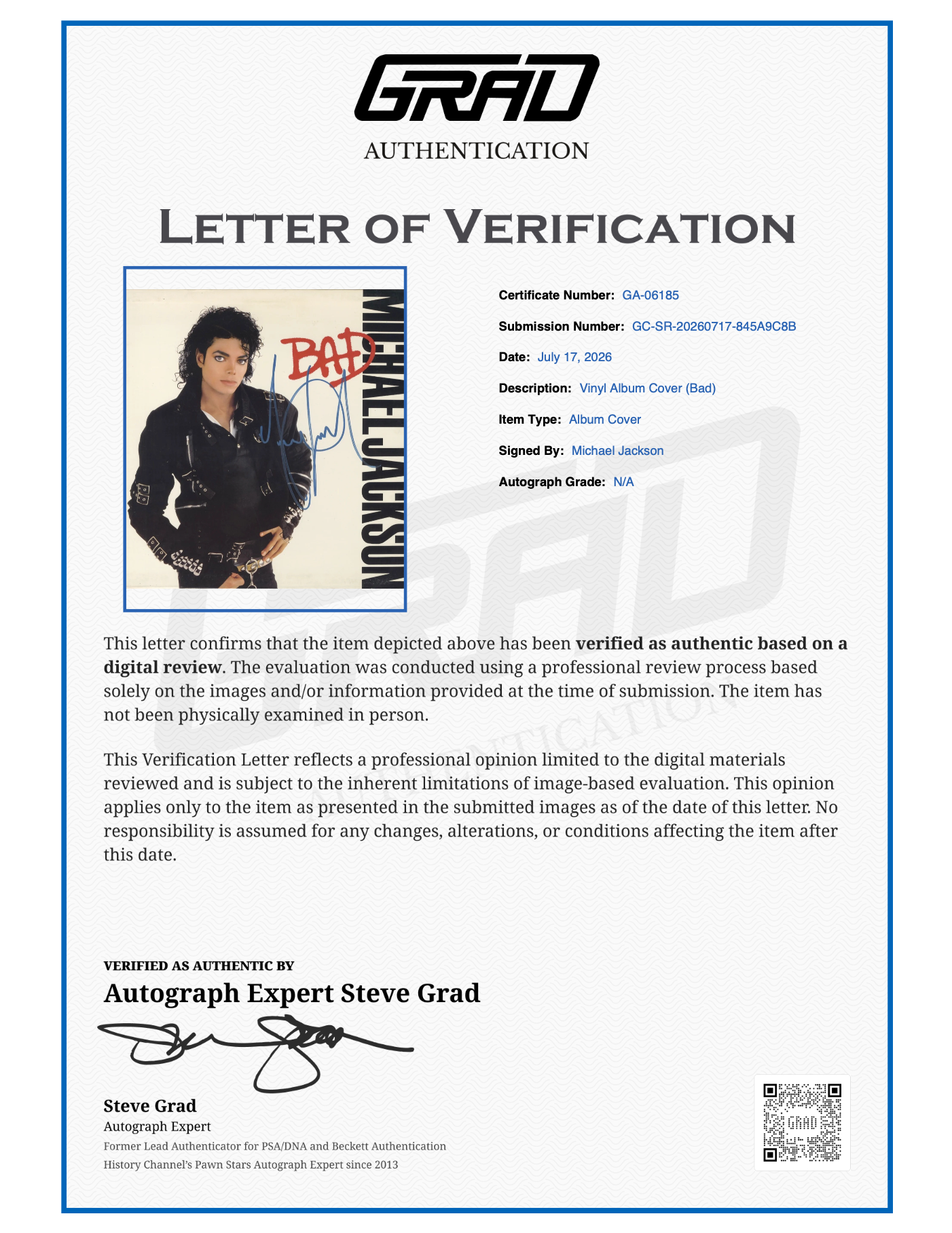 grad authentication. Michael Jackson 'Bad' Vinyl record genuine autograph - Shanks autographs