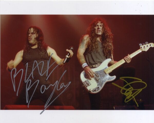 Blaze Bayley and steve harris signed iron maiden photo. shanks autographs