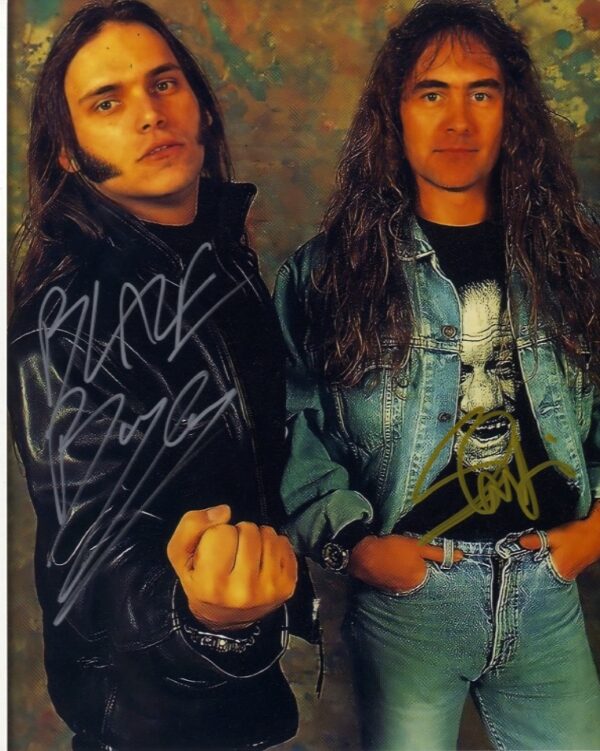 Blaze Bayley and steve harris signed iron maiden photo. shanks autographs