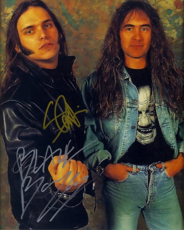 Blaze Bayley and steve harris signed iron maiden photo. shanks autographs