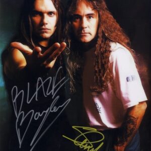 Blaze Bayley and steve harris signed iron maiden photo. shanks autographs