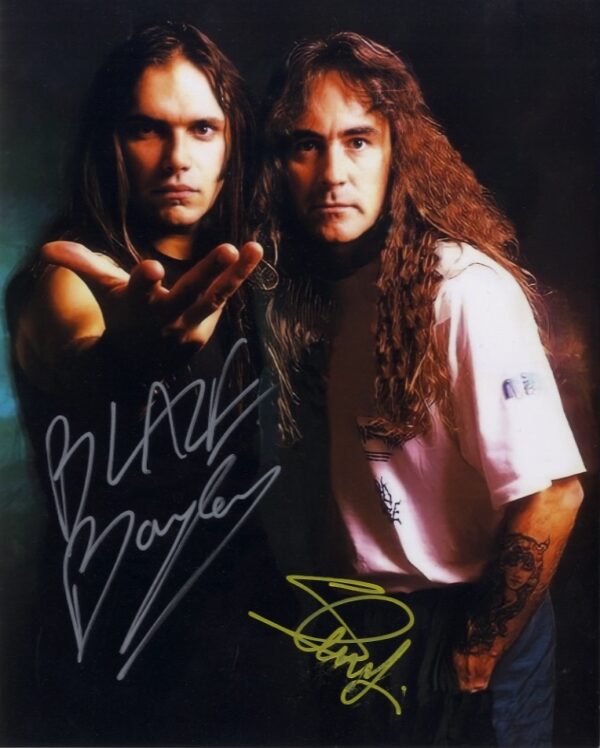 Blaze Bayley and steve harris signed iron maiden photo. shanks autographs