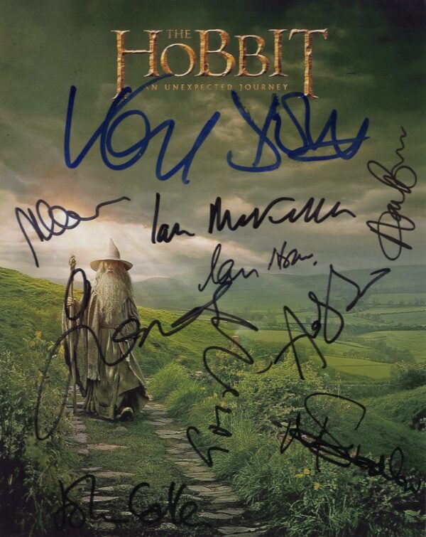 the hobbit cast signed photo, ian mckellen martin freeman peter jackson. shanks autographs