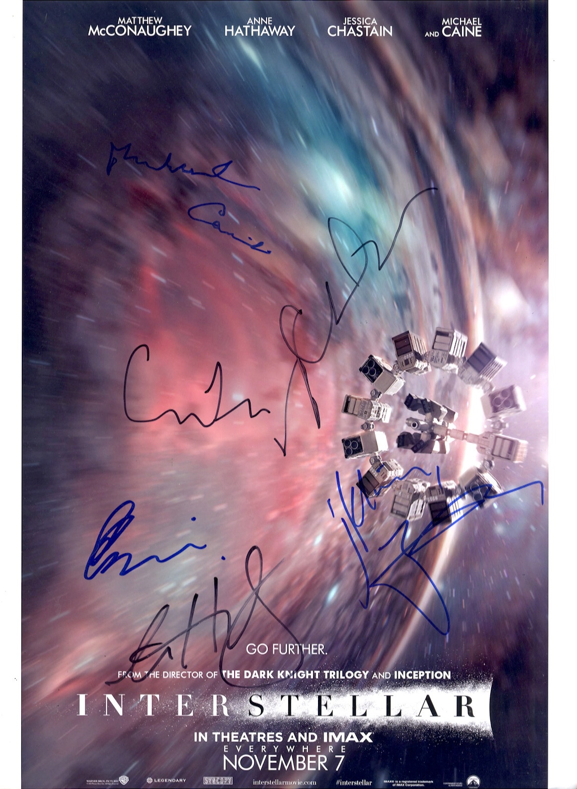interstellar signed photo - Sir Michael Caine, Matthew mcpconaughey, Jessica chasten, Anne Hathaway, Christopher Nolan & David Gyasi.