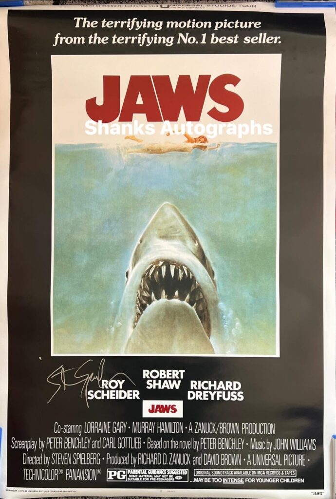 Steven spielberg signed JAWSmovie poster _ SHANKS AUTOGRAPHS, MEMORABILIA
