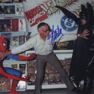 Stan Lee signed photograph with Spider-Man and Batman
