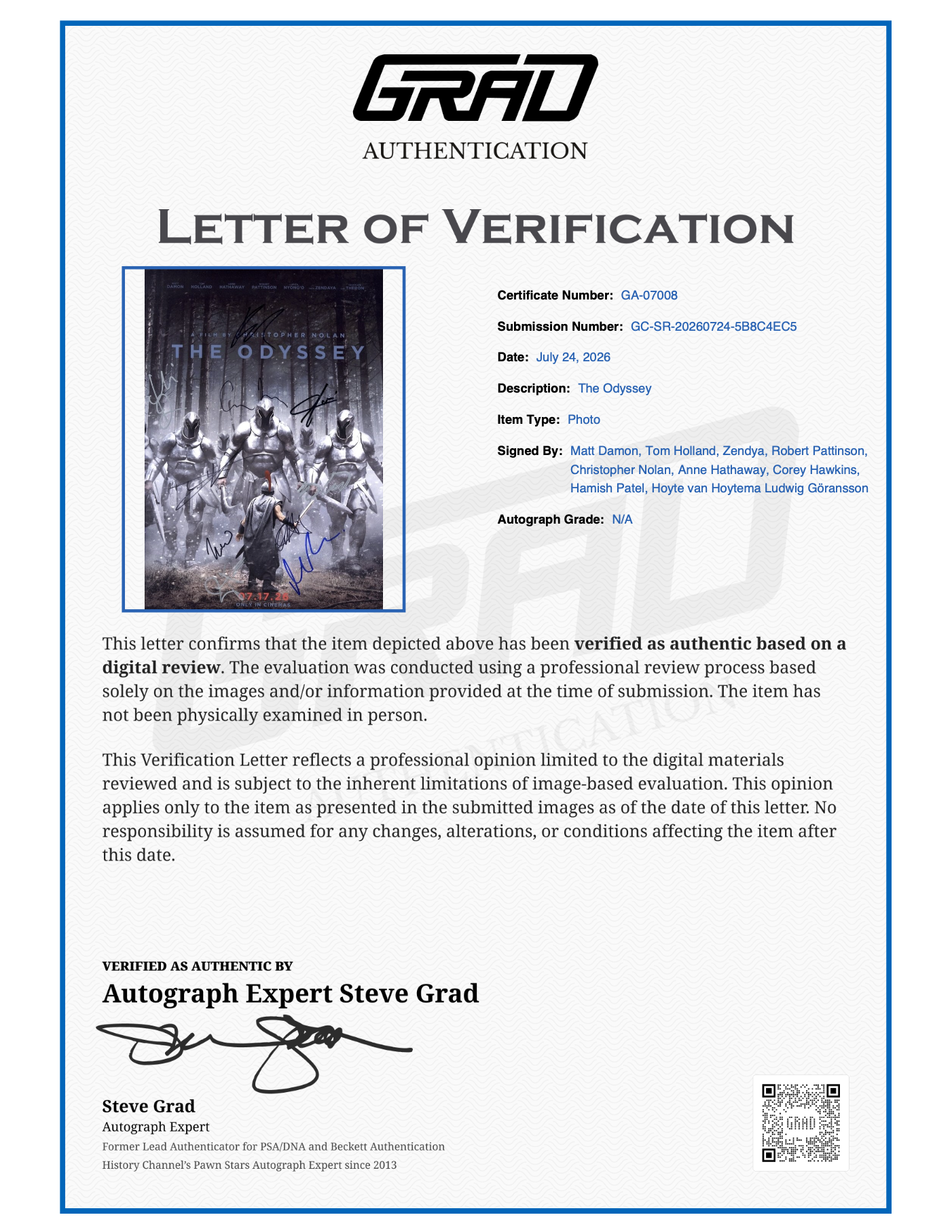 The Odyssey Cast Signed 12x18 photo - Grad Cert - Image 2